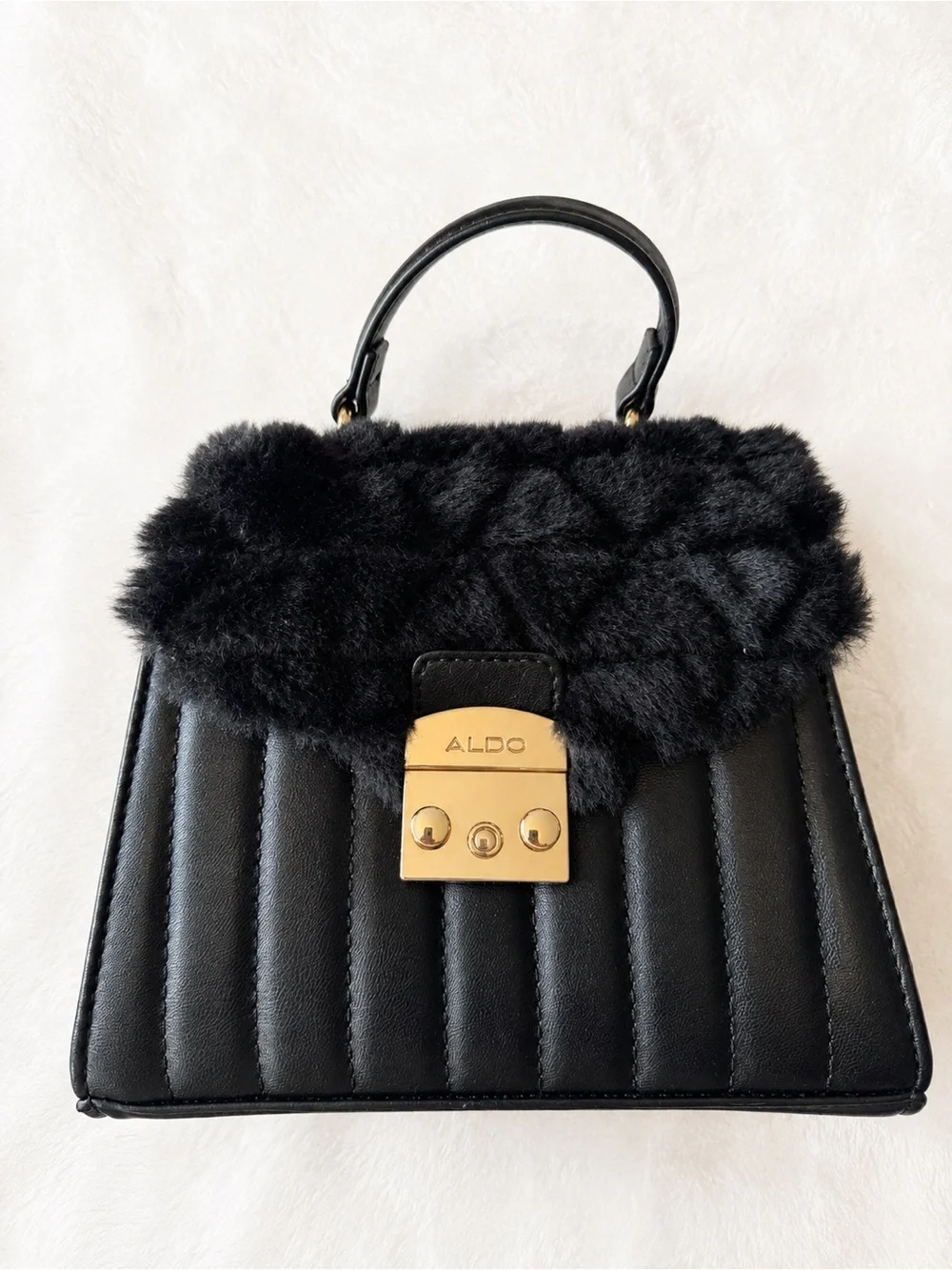 ALDO Black Faux Fur Quilted Mini Top Handle Handbag Gold Hardware